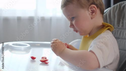 Side view of pretty little boy in high chair eats fresh strawberries appetizingly at home. Cute baby eats juicy strawberry. Introduction of complementary foods, allergens. Healthy food concept photo