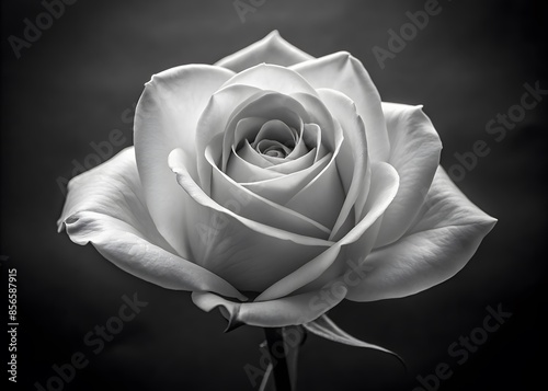Black And White Photo Of A Rose In Full Bloom Against A Dark Background.