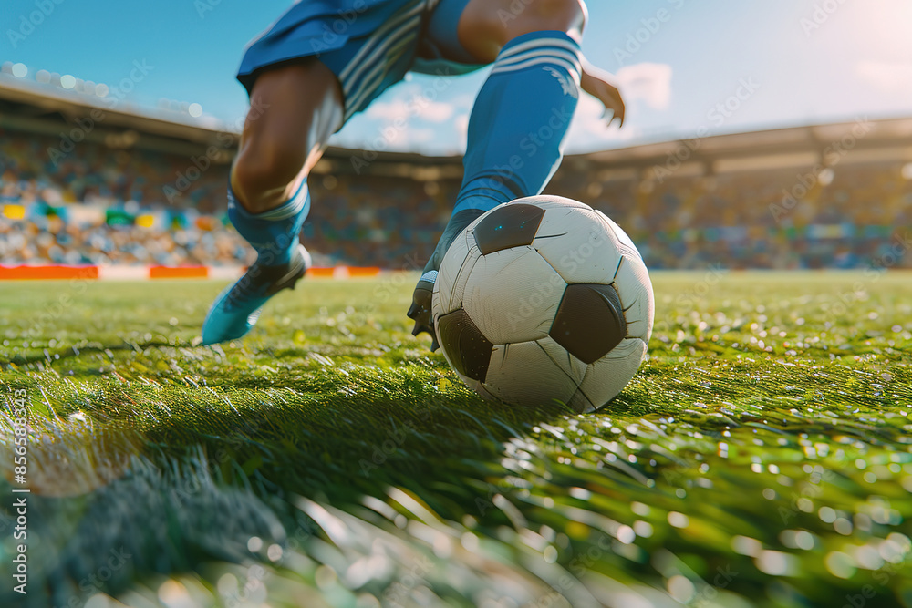 Football World Championship: Soccer Player Runs to Kick the Ball. Ball on the Grass Field of Arena, Full Stadium of Crowd Cheers. Football World Championship: Soccer Player Runs to Kick the Ball. Ball on the Grass Field of Arena, Full Stadium of Crowd Cheers.