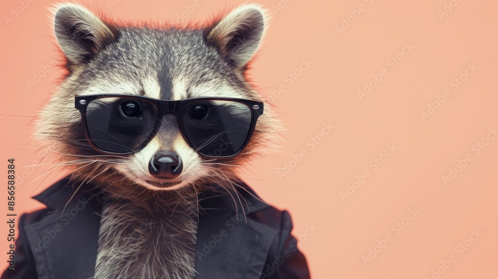 A cool raccoon wearing sunglasses and a leather jacket stares intensely at the camera. A cool raccoon wearing sunglasses and a leather jacket stares intensely at the camera.