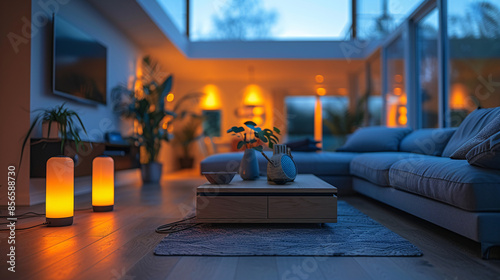 a living room with a table and a couch photo