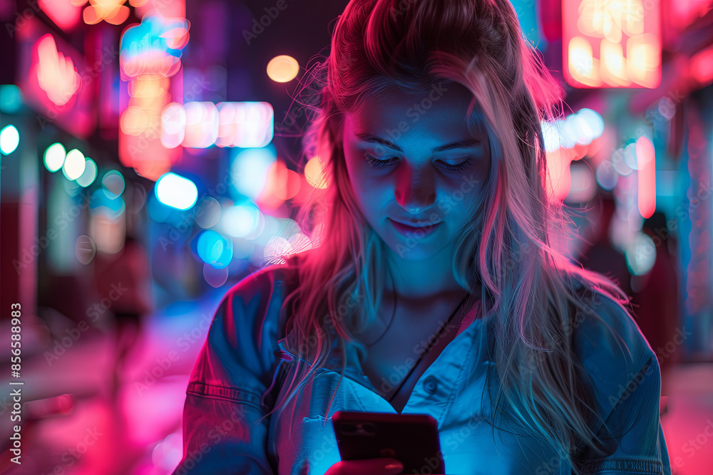 Beautiful young woman using a smartphone, standing on a city street full of neon lights at night Beautiful young woman using a smartphone, standing on a city street full of neon lights at night