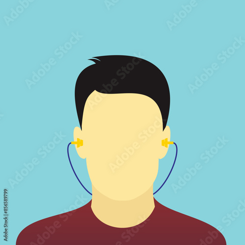 Man wear the ear plug vector illustration. Personal protective equipment for noise hazard safety standard.