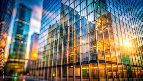 A blurred close-up of a square glass building, with tall buildings and soft colors in the background creating an abstract atmosphere.



