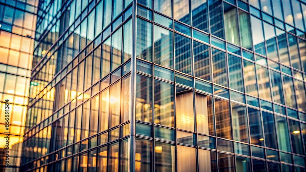 Obraz premium A blurred close-up of a square glass building, with tall buildings and soft colors in the background creating an abstract atmosphere. 