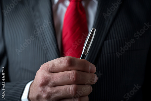 Businessman in a suit with a red tie holding a pen, isolated photo