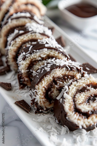 Close-up of chocolate and coconut roll cake slices covered in sugar on a white platter photo