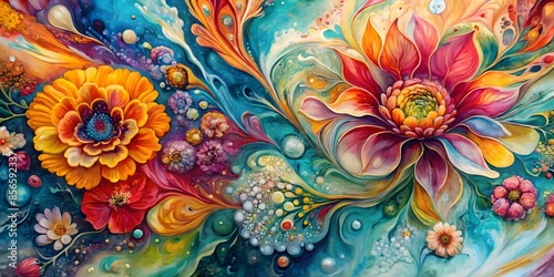 Vibrant Floral Abstract Painting With A Variety Of Colors And Shapes photo