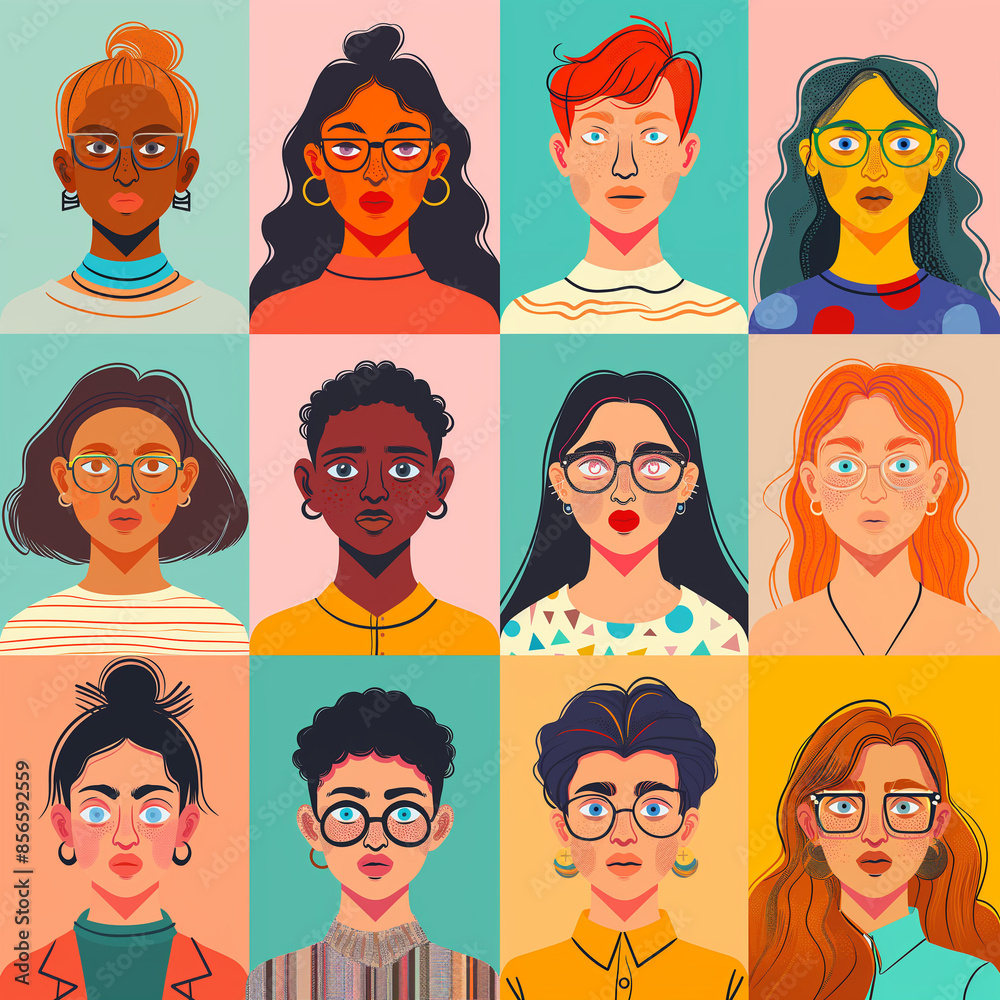 a set of a people character simple portrait, a diverse group of young men/women without glasses, older women/teenage girls, in modern casual , Overhead dolls, in the style of color-blocked shapes, ani a set of a people character simple portrait, a diverse group of young men/women without glasses, older women/teenage girls, in modern casual , Overhead dolls, in the style of color-blocked shapes, ani
