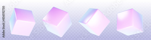 3d holographic cube render element. Abstract box shape. Hologram geometric figure isometric set. Iridescent solid block. Blank minimal purple and pink color light futuristic concept model for web.