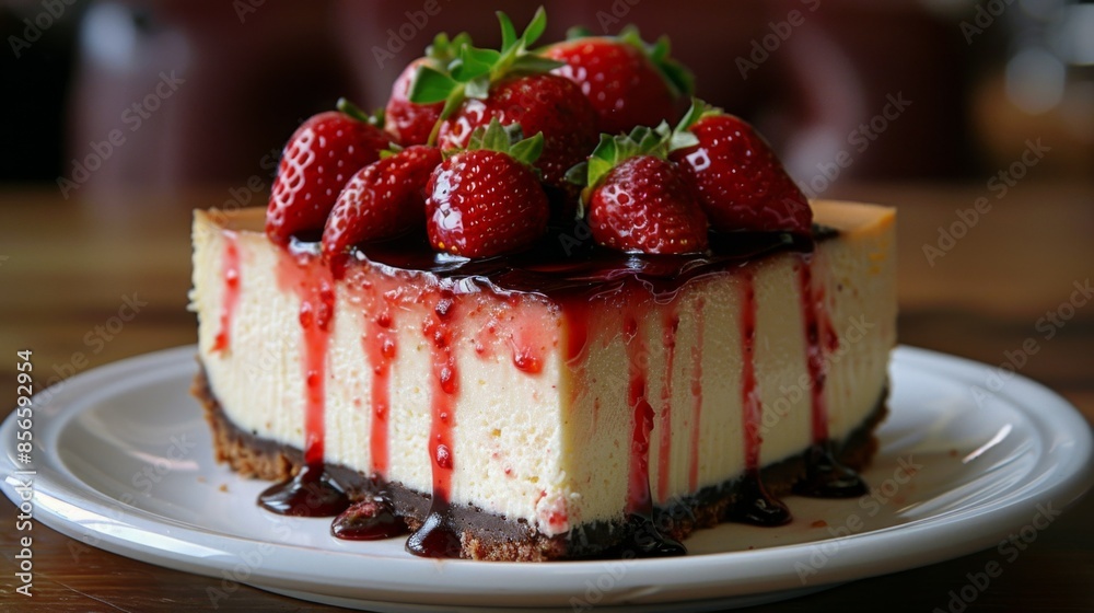 Classic Cheesecake: A slice of strawberry cheesecake on a plate, garnished with fresh strawberries. Classic Cheesecake: A slice of strawberry cheesecake on a plate, garnished with fresh strawberries.