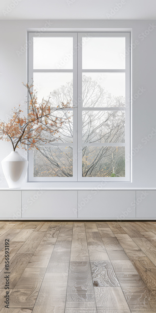 Fototapeta premium Stylish sideboard in a luxury apartment next to a window filling the room with natural lighting. Residential interior design composition for Real Estate with copy space.
