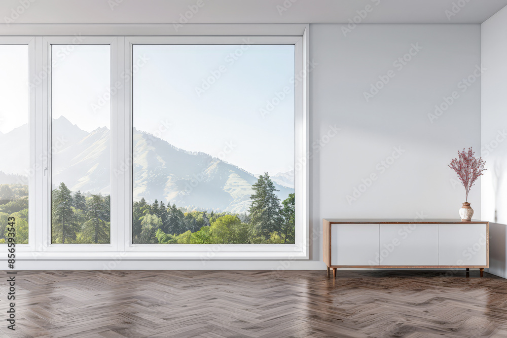Fototapeta premium Stylish sideboard in a luxury apartment next to a window filling the room with natural lighting. Residential interior design composition for Real Estate with copy space.