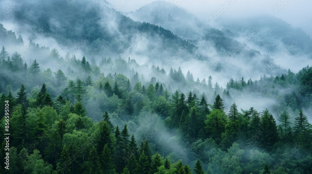Forest-covered mountains shrouded in morning mist, foggy and serene, raw style, nature's tranquility captured, detailed and immersive