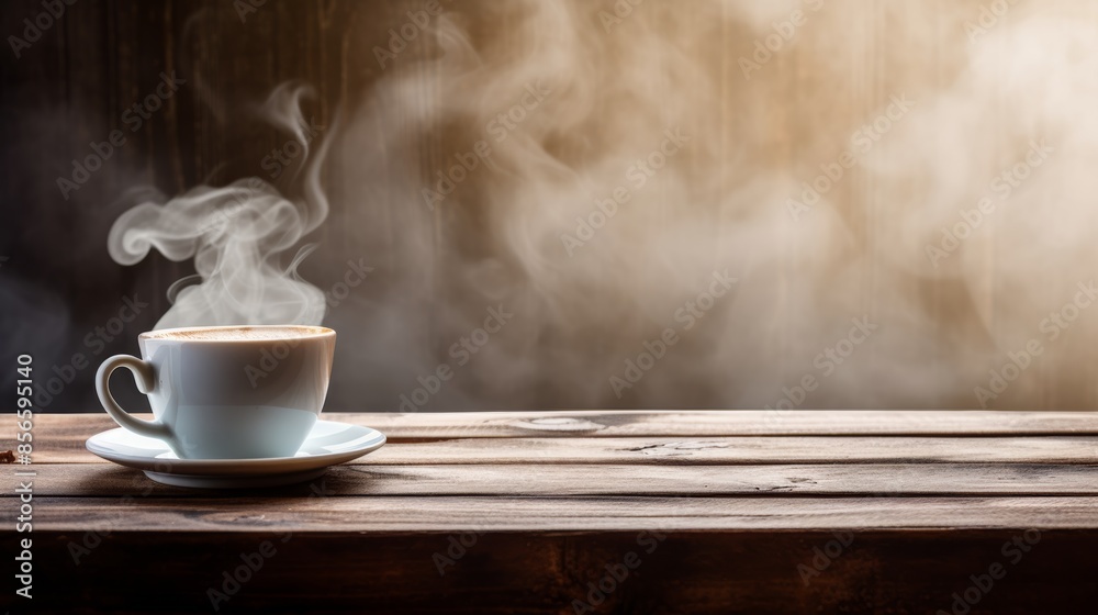 steaming cup of coffee placed on a rustic wooden table with a gray tablecloth, capturing the aroma and warmth of a cozy morning. steaming cup of coffee placed on a rustic wooden table with a gray tablecloth, capturing the aroma and warmth of a cozy morning.