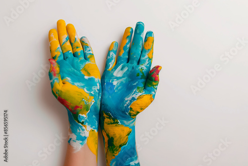 Two hands painted in blue photo