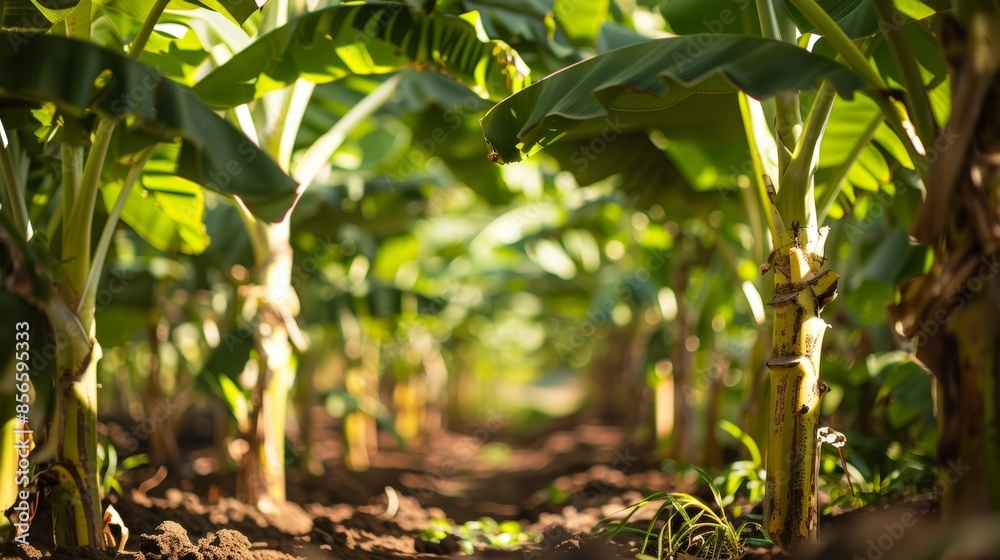 Fototapeta premium Rows of thriving banana trees and vibrant papaya plants in the background showcasing the abundance of produce available at this tropical farmtotable paradise.