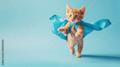 Superhero Orange Tabby Cat in Blue Cloak and Mask Flying - Light Blue Background © Studios