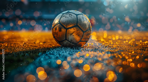 Golden Football on a Soccer Field with Cinematic Blue Lighting, Representing Elegance and Prestige in Sports.