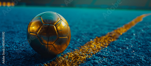 Golden Football on a Soccer Field with Cinematic Blue Lighting, Representing Elegance and Prestige in Sports.