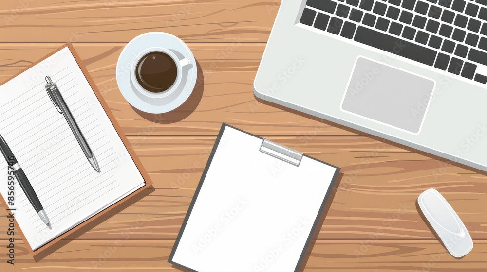 Develop a flat lay vector illustration of a work-from-home desk, featuring a laptop, blank notepad, coffee cup, and pen on a wooden table AI generated Develop a flat lay vector illustration of a work-from-home desk, featuring a laptop, blank notepad, coffee cup, and pen on a wooden table AI generated
