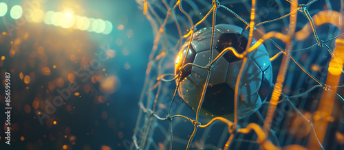 Photo of Soccer Ball Inside the Goal: Highly Detailed Illustration in Intense Atmosphere with Dark Teal and Light Amber Colors, Striking and Captivating
