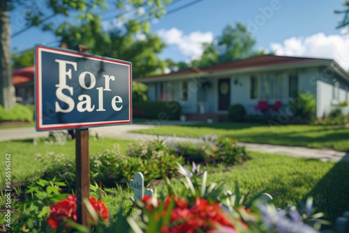 Home for sale among lush greenery with a prominent "For Sale" sign in the foreground.