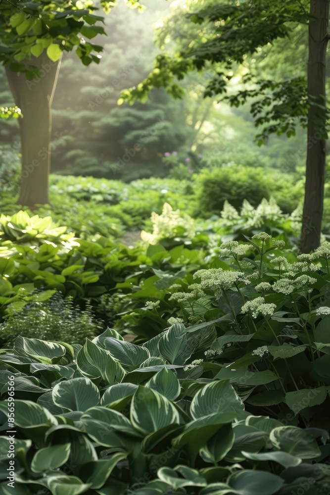 A meticulously maintained garden showcasing a variety of lush green foliage and vibrant flowers under the shade of trees A meticulously maintained garden showcasing a variety of lush green foliage and vibrant flowers under the shade of trees