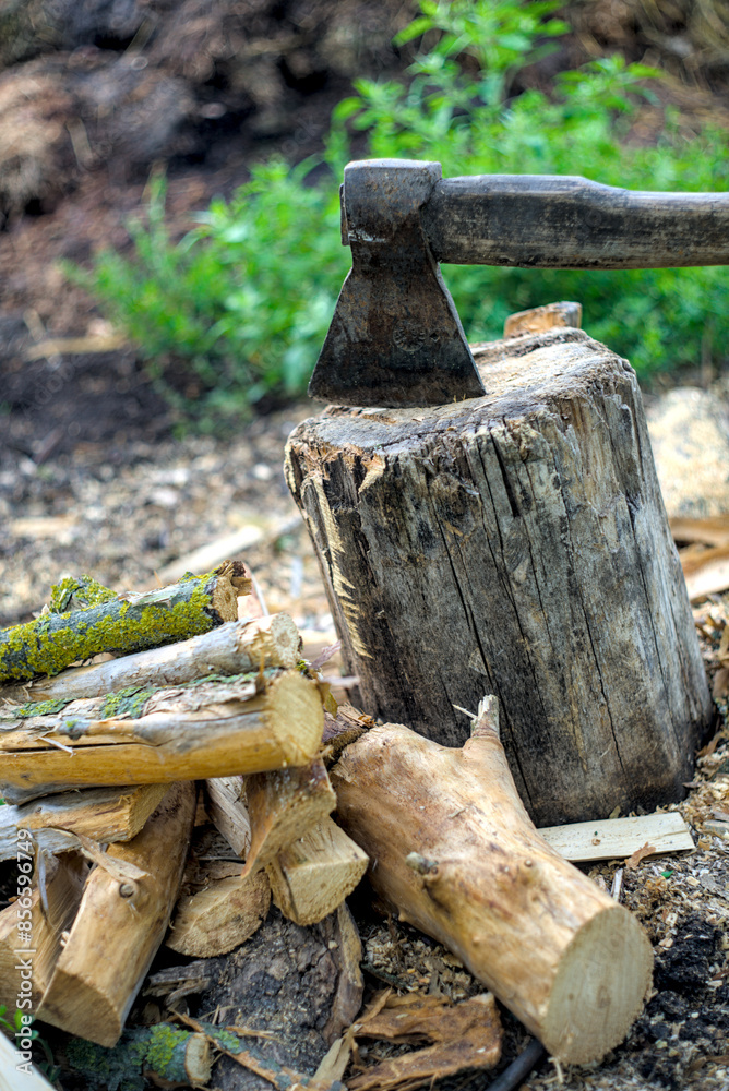 Firewood and an ax on a stump Firewood and an ax on a stump
