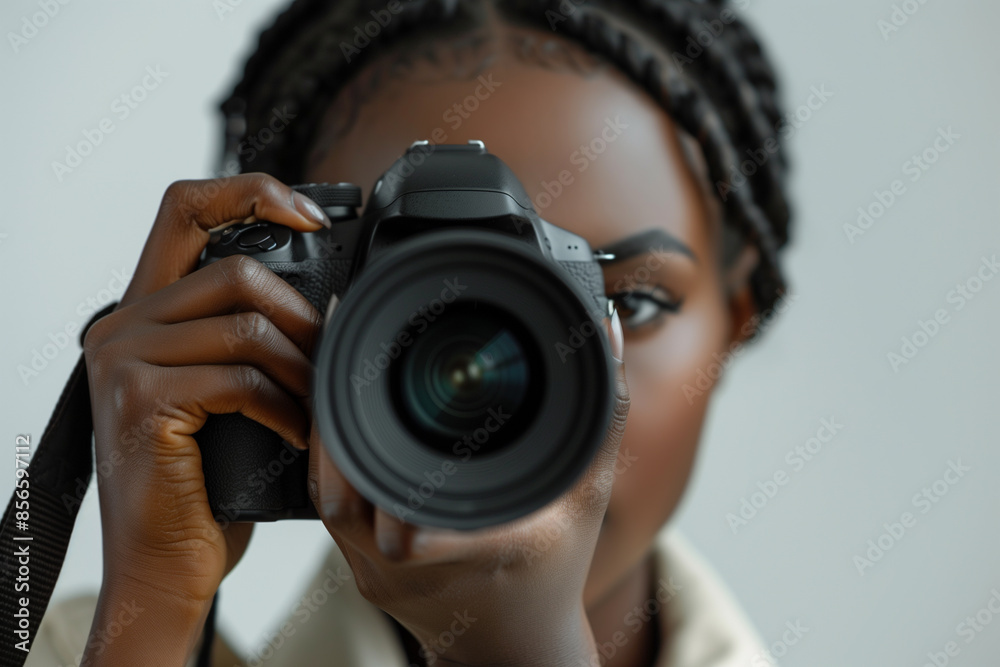 young afro american woman taking pictures with a large SLR camera in the studio on a white background young afro american woman taking pictures with a large SLR camera in the studio on a white background