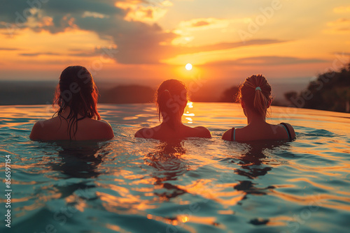 Teenage friends swimming in the pool at sunset during summer vacation © kazakova0684