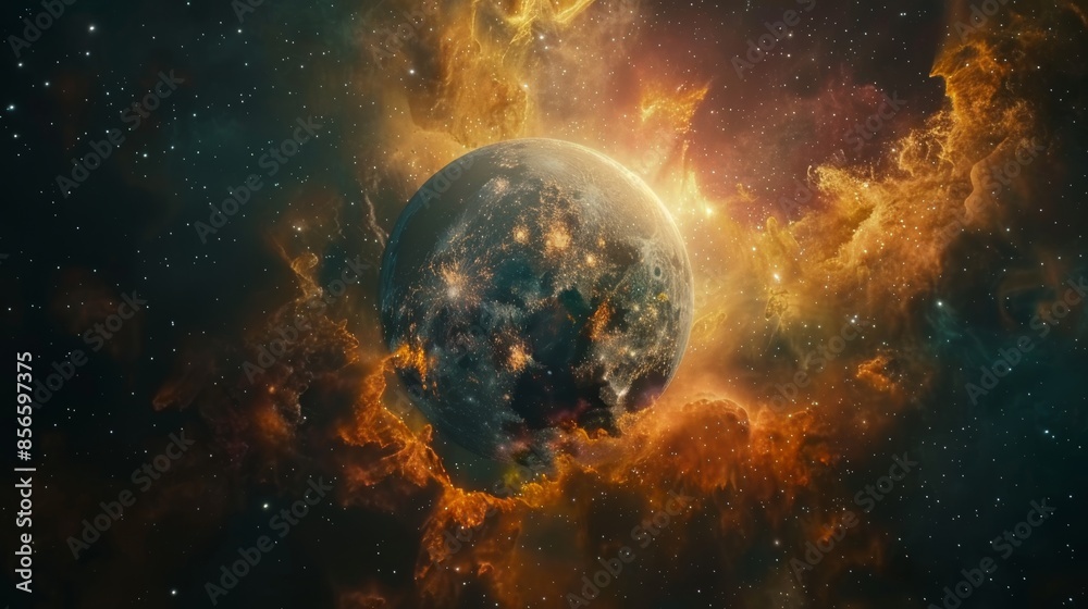 Obraz premium Mysterious planet in deep space, cosmic star cluster and colorful nebula in the background, raw style, stunning visuals
