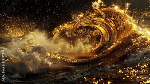 Panel kuchenny z motywem Mystic golden wave in 3D, splashing on a deep black background, mural style, raw and detailed, intense contrast