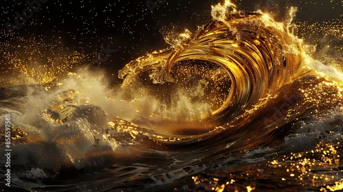 Panel kuchenny z motywem Mystic golden wave in 3D, splashing on a deep black background, mural style, raw and detailed, intense contrast