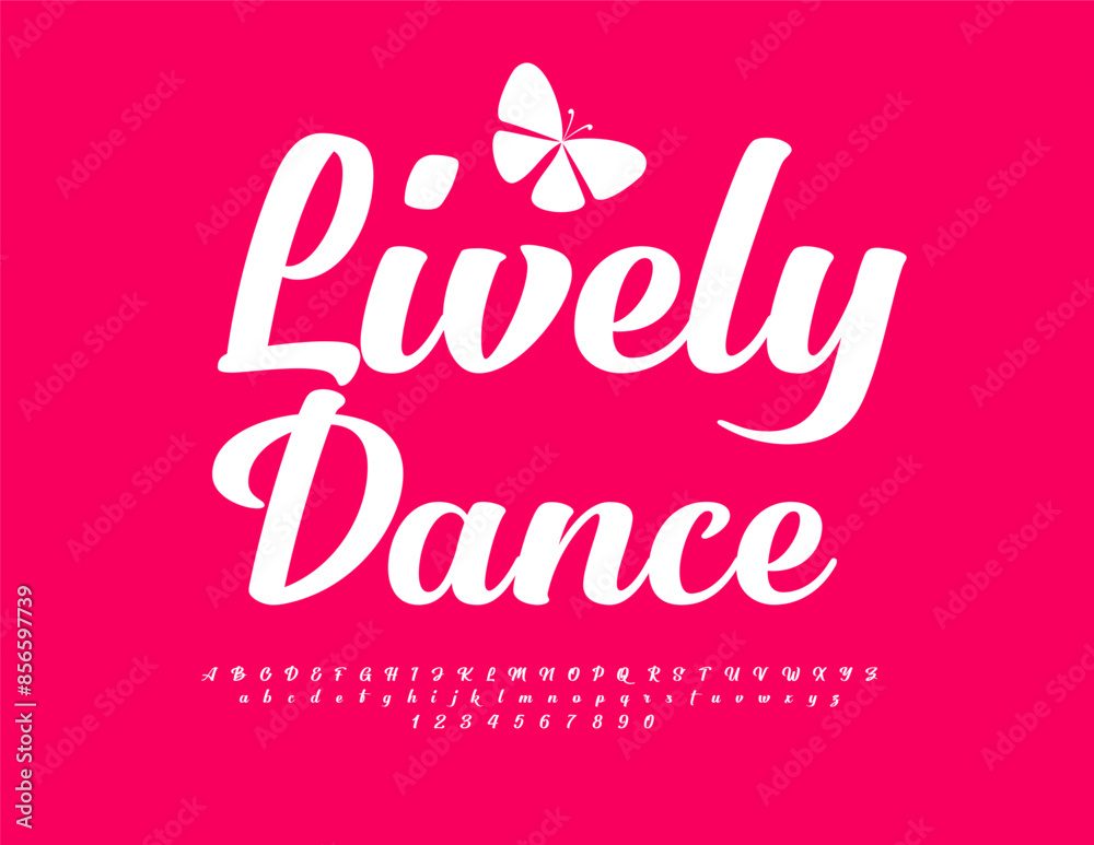 Vector artistic emblem Lively Dance. Beautiful White Font. Modern Cursive Alphabet Letters and Numbers set. Vector artistic emblem Lively Dance. Beautiful White Font. Modern Cursive Alphabet Letters and Numbers set.