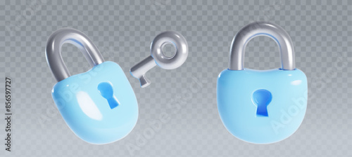 3d lock padlock with key. Blue secure locker icon. Isolated secret privacy keyhole for door or house protection. Business security sign. Realistic closed insurance object png for website design