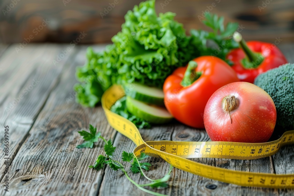 Fresh vegetables with measuring tape on wood Fresh vegetables with measuring tape on wood