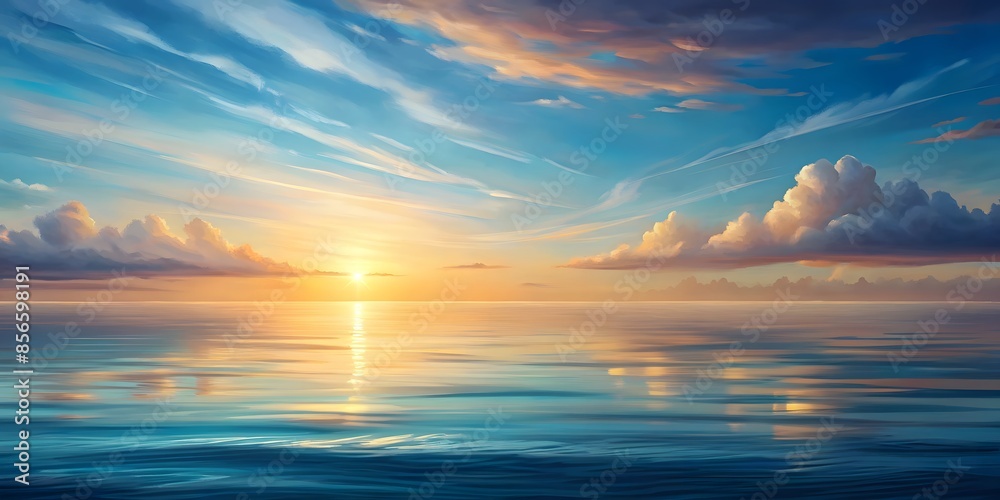 Fototapeta premium Tranquil Seascape With Vibrant Sunset And Fluffy Clouds
