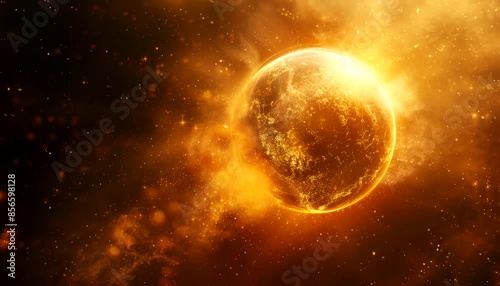Glowing Gold Planet in Space with Sparkling Starry Background. Seamless and infinity looping video animation background
