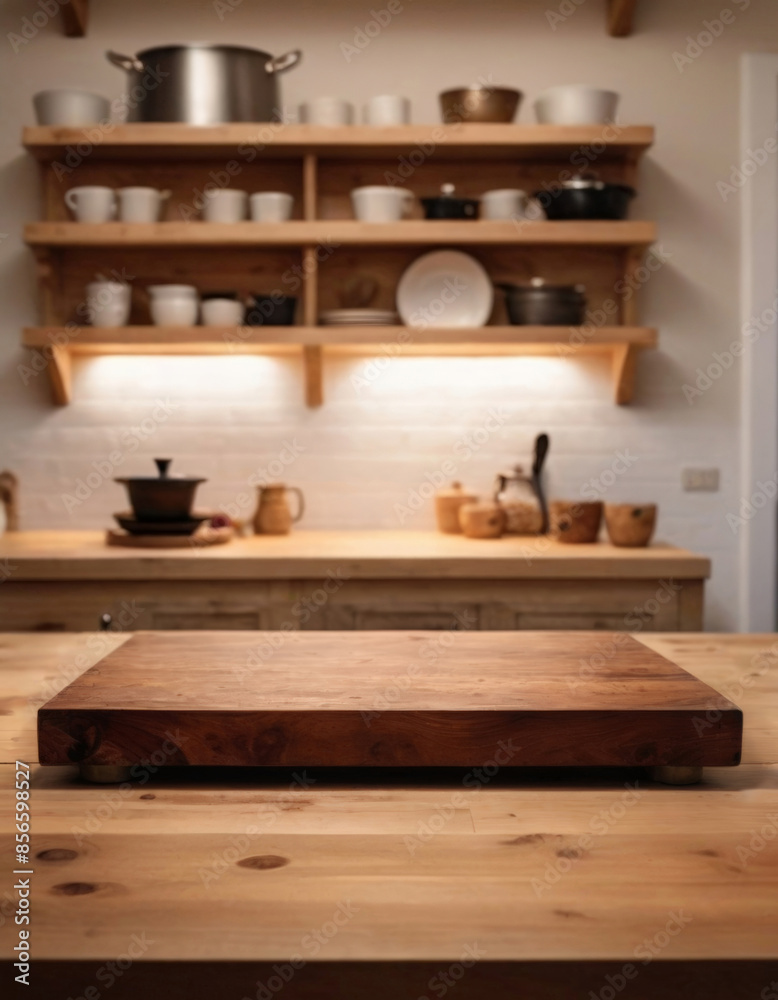 Empty wooden table, with wooden board for displaying products in the kitchen Empty wooden table, with wooden board for displaying products in the kitchen
