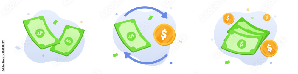 Double paper dollar with other small paper around it. Three paper dollar money and dollar coins around it. Money cycle, currency exchange, money flow illustration concept. vector illustration set Double paper dollar with other small paper around it. Three paper dollar money and dollar coins around it. Money cycle, currency exchange, money flow illustration concept. vector illustration set