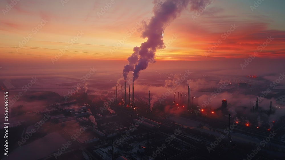 Aerial photograph capturing the stark contrast of dark smog against a brightly lit dawn sky over an industrial area Aerial photograph capturing the stark contrast of dark smog against a brightly lit dawn sky over an industrial area