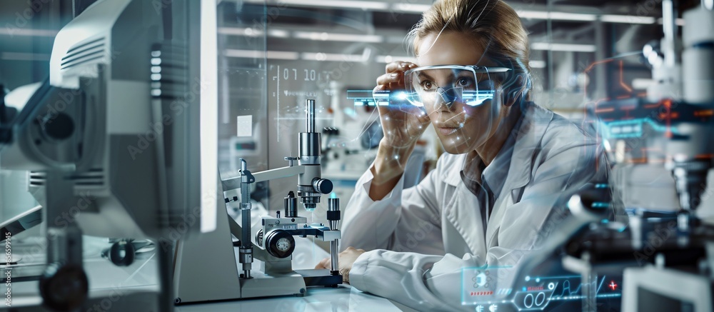 Doctor using ophthalmoscope in optical clinic, wide banner. Doctor using ophthalmoscope in optical clinic, wide banner.