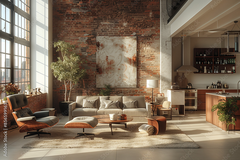 A chic loft in New York City featuring minimalist design with subtle brick textures, providing a serene and clutter-free atmosphere, captured with bright midday sunlight and a wide-angle perspective.