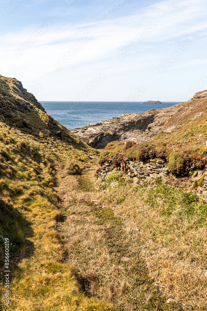 Naklejka premium Padstow Cornwall, UK. Landscape on a sunny April day. Beautiful view of the mountains and ocean.