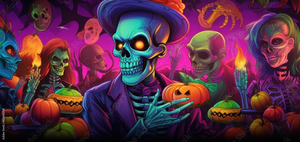 Festive skeletons with glowing eyes and vibrant costumes celebrating Halloween, surrounded by pumpkins and lanterns. Festive skeletons with glowing eyes and vibrant costumes celebrating Halloween, surrounded by pumpkins and lanterns.