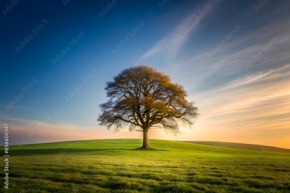 The Image Shows A Single Tree In A Grassy Field. The Sky Is Blue With Some Light Clouds, And The Sun Is Setting Behind The Tree. The Image Shows A Single Tree In A Grassy Field. The Sky Is Blue With Some Light Clouds, And The Sun Is Setting Behind The Tree.