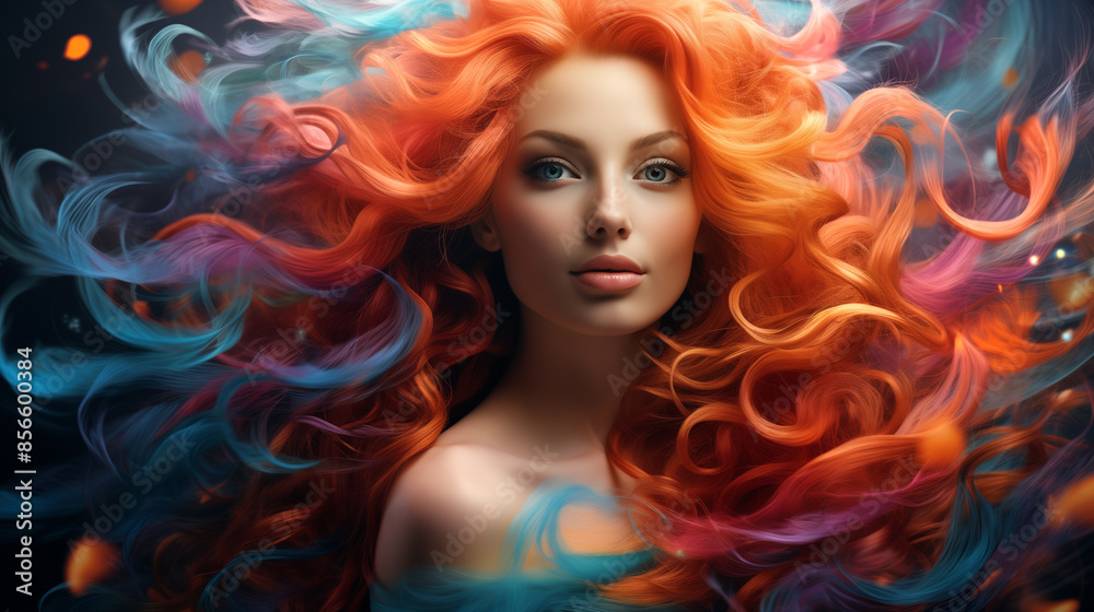 Fototapeta premium Woman with long colorful flowing hair. Concept complex coloring or spectral analysis