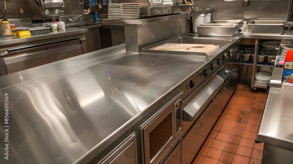 Stainless steel countertops and appliances in a professional restaurant kitchen, clean and organized layout, raw finish Stainless steel countertops and appliances in a professional restaurant kitchen, clean and organized layout, raw finish