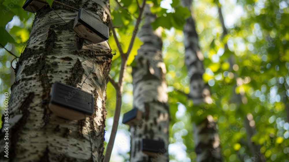 Obraz premium A birch tree forest transformed into an interactive learning space with solarpowered audio guides attached to each tree to educate students about the importance of trees in our ecosystem.